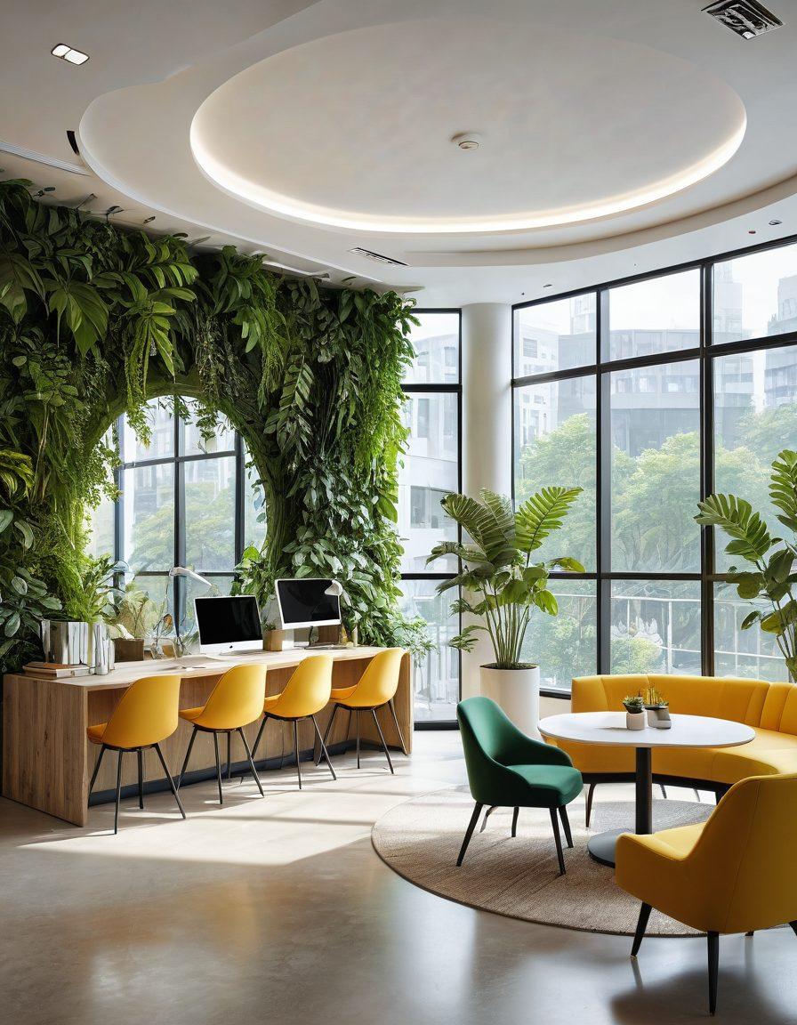 A serene office space filled with lush greenery, sunlight pouring in through large windows, employees collaborating happily around a circular table, vibrant colors highlighting their engaged expressions, motivational quotes on the walls. super-realistic. bright and cheerful atmosphere. 3D.
