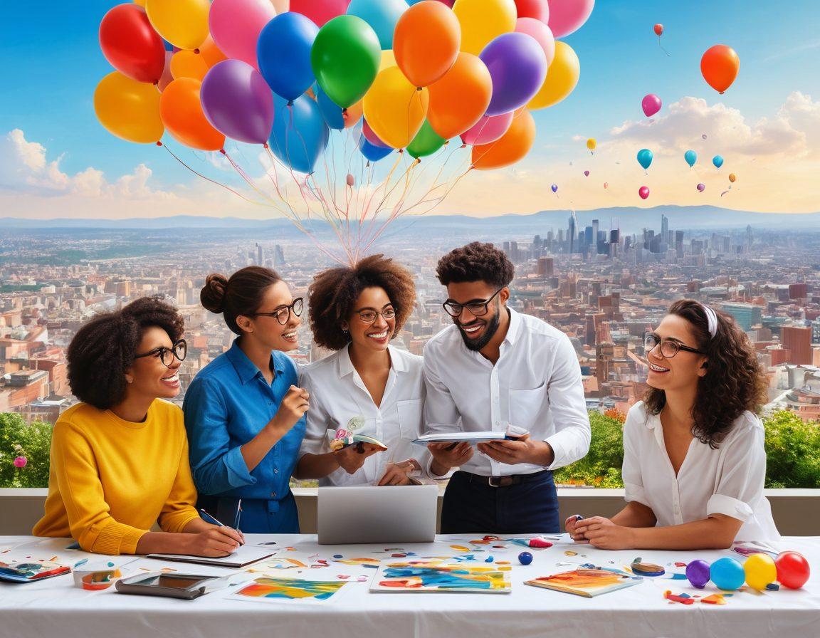 An inspiring scene of a diverse group of people joyfully engaging in various careers, including an artist, a scientist, and an entrepreneur, each surrounded by symbols of their passions and dreams, set against a bright and uplifting skyline. The atmosphere is vibrant and filled with elements that suggest happiness and fulfillment—like balloons, open books, and nature. super-realistic. vibrant colors. white background.